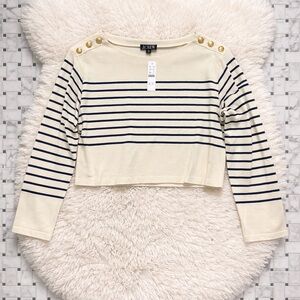 J.Crew Cropped Boatneck Mariner Stripe Tee w/ Gold Buttons